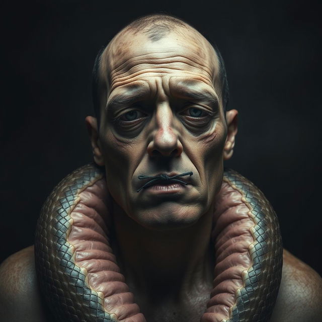 A surreal and emotionally charged scene depicting a sad man in the process of molting like a snake