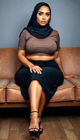 A stunning and confident MILF Irish woman wearing a hijab, 40 years old, showcasing her curvaceous form in a full body photo