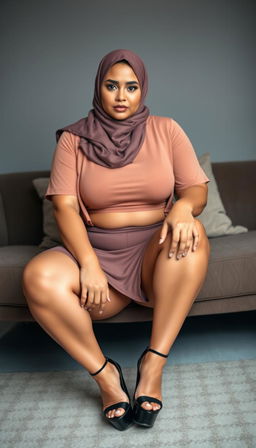 A stunning and confident MILF Irish woman wearing a hijab, 40 years old, showcasing her curvaceous form in a full body photo