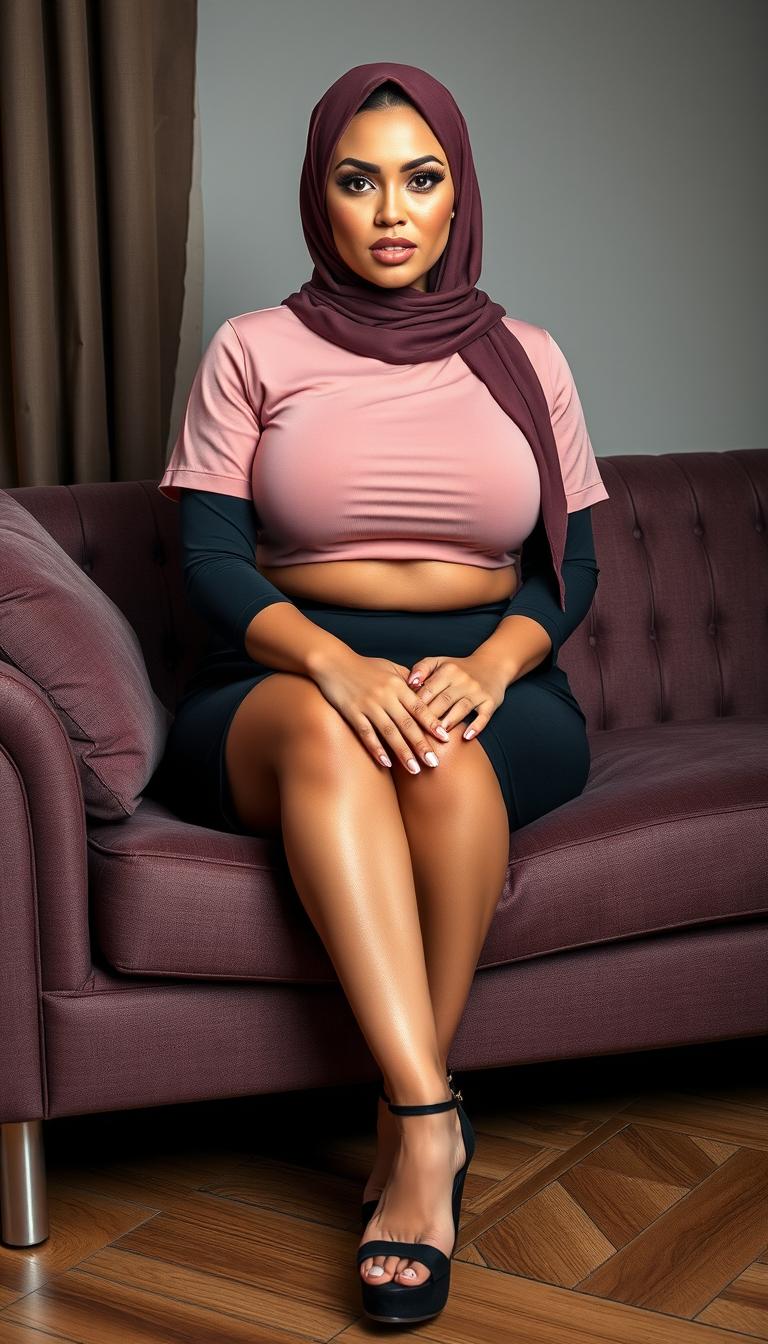 A stunning and confident MILF Irish woman wearing a hijab, 40 years old, showcasing her curvaceous form in a full body photo