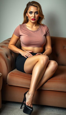 An alluring MILF Irish woman, 40 years old, elegantly seated on a plush couch in a full body photo