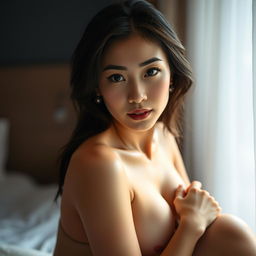 A sensual and beautifully lit scene featuring an attractive Asian woman in an intimate setting, exuding confidence and allure