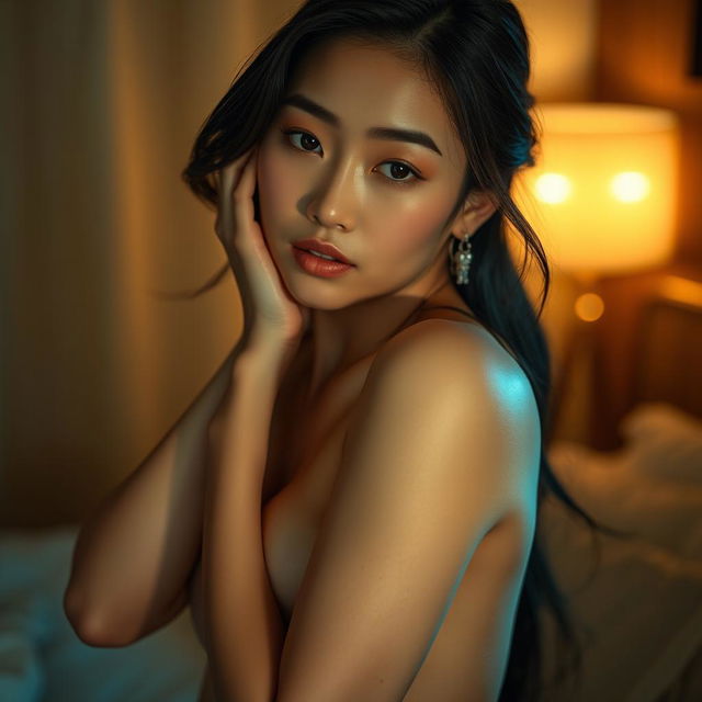 A sensual and beautifully lit scene featuring an attractive Asian woman in an intimate setting, exuding confidence and allure