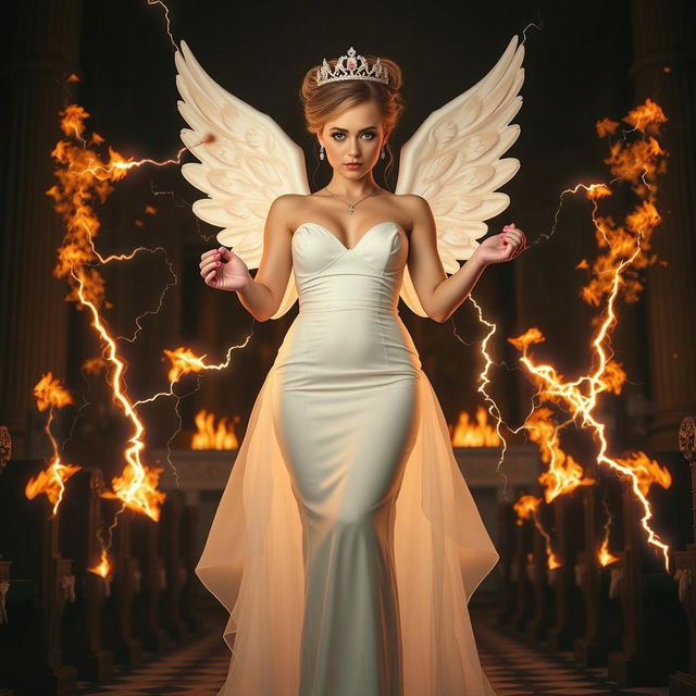 An ethereal photograph of a beautiful young woman with flowing blond hair styled in an elegant updo, showcasing small white angel wings and a delicate tiara