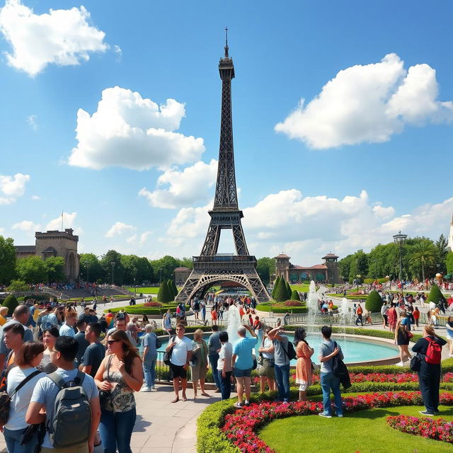 A vibrant recreational tourist space in Bojnourd, featuring a large replica of the Eiffel Tower at its center