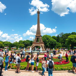 A vibrant recreational tourist space in Bojnourd, featuring a large replica of the Eiffel Tower at its center