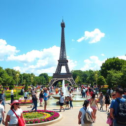 A vibrant recreational tourist space in Bojnourd, featuring a large replica of the Eiffel Tower at its center