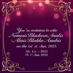 A beautifully designed wedding invitation background featuring the text: 'You're invited to the union between Nemesis Blackheart Anubis & Alexis Blackheart Anubis on the 1st Jan 2025