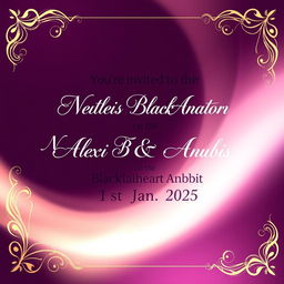 A beautifully designed wedding invitation background featuring the text: 'You're invited to the union between Nemesis Blackheart Anubis & Alexis Blackheart Anubis on the 1st Jan 2025