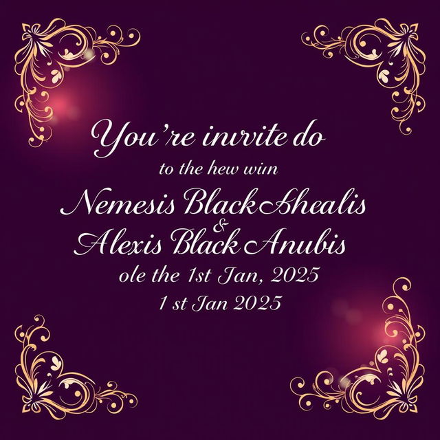 A beautifully designed wedding invitation background featuring the text: 'You're invited to the union between Nemesis Blackheart Anubis & Alexis Blackheart Anubis on the 1st Jan 2025