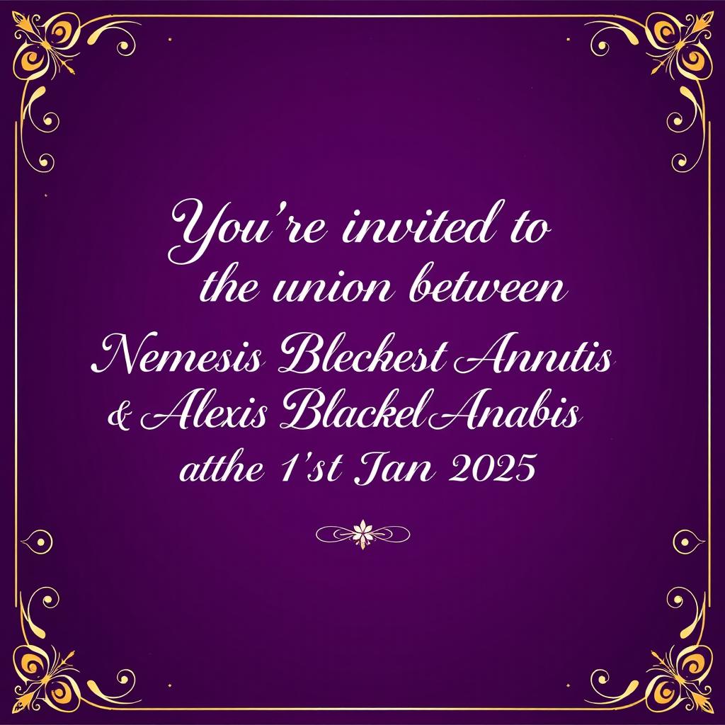 A beautifully designed wedding invitation background featuring the text: 'You're invited to the union between Nemesis Blackheart Anubis & Alexis Blackheart Anubis on the 1st Jan 2025