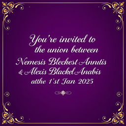 A beautifully designed wedding invitation background featuring the text: 'You're invited to the union between Nemesis Blackheart Anubis & Alexis Blackheart Anubis on the 1st Jan 2025