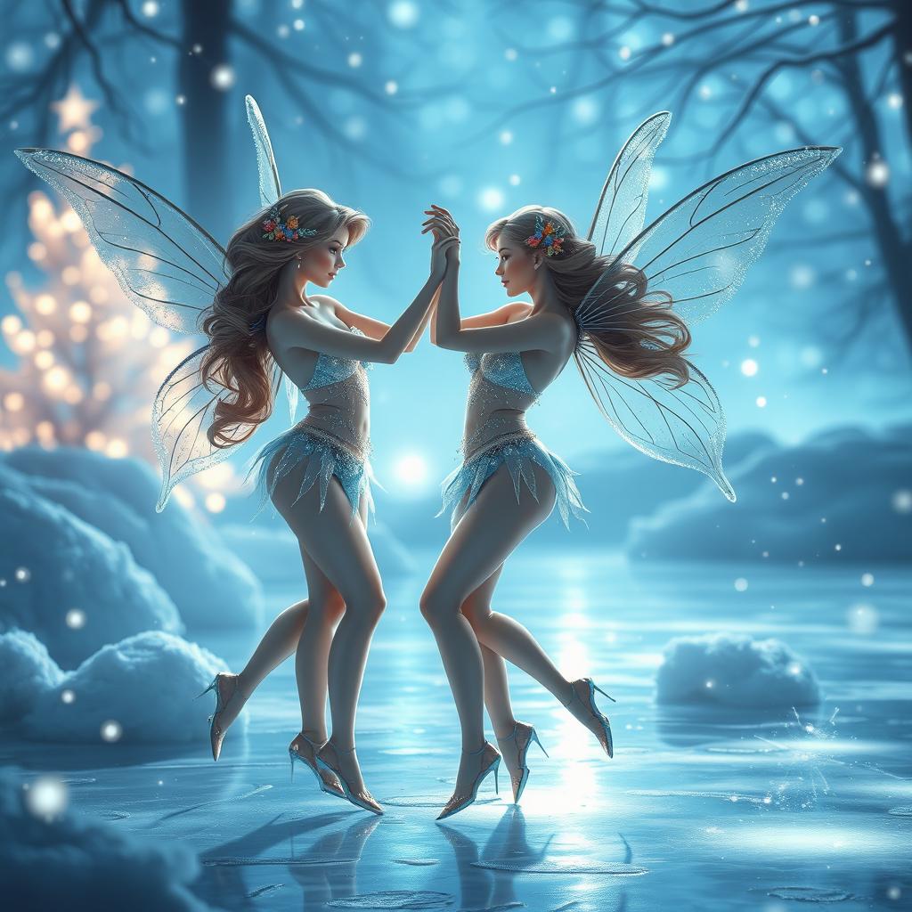 A beautiful ice dance featuring two charming fairies dressed in sparkling bikinis, set in a realistic yet fantastic atmosphere