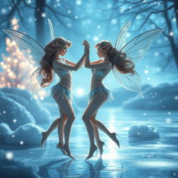 A beautiful ice dance featuring two charming fairies dressed in sparkling bikinis, set in a realistic yet fantastic atmosphere