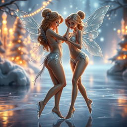 A beautiful ice dance featuring two charming fairies dressed in sparkling bikinis, set in a realistic yet fantastic atmosphere