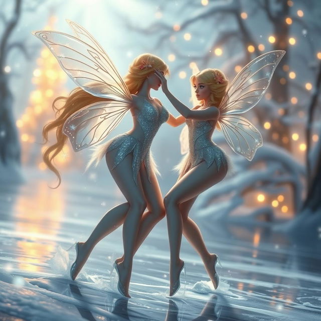 A beautiful ice dance featuring two charming fairies dressed in sparkling bikinis, set in a realistic yet fantastic atmosphere