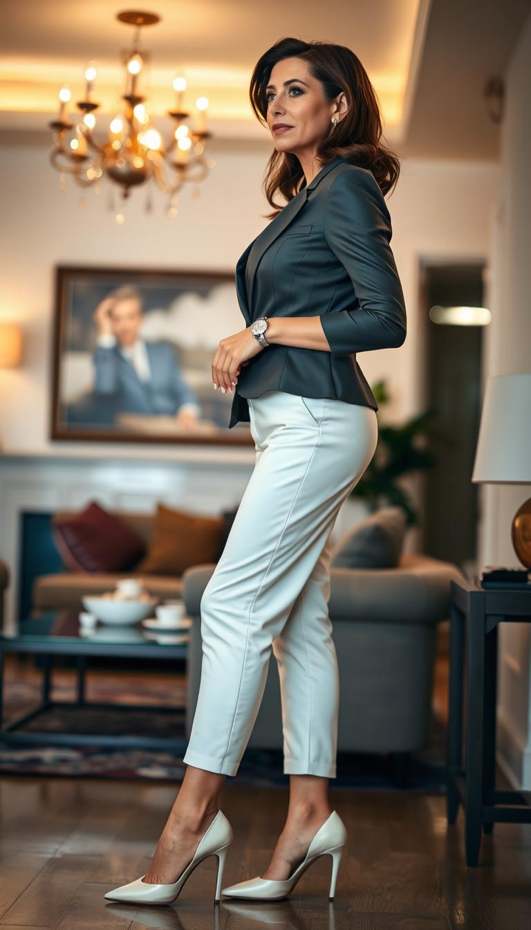 A classy woman aged 46, dressed elegantly with high classy heels, standing in a stylish house