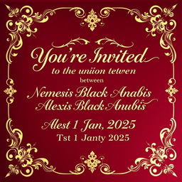 A stunning wedding invitation background featuring the elegant text: 'You're invited to the union between Nemesis Blackheart Anubis & Alexis Blackheart Anubis on the 1st Jan 2025
