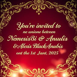 A stunning wedding invitation background featuring the elegant text: 'You're invited to the union between Nemesis Blackheart Anubis & Alexis Blackheart Anubis on the 1st Jan 2025