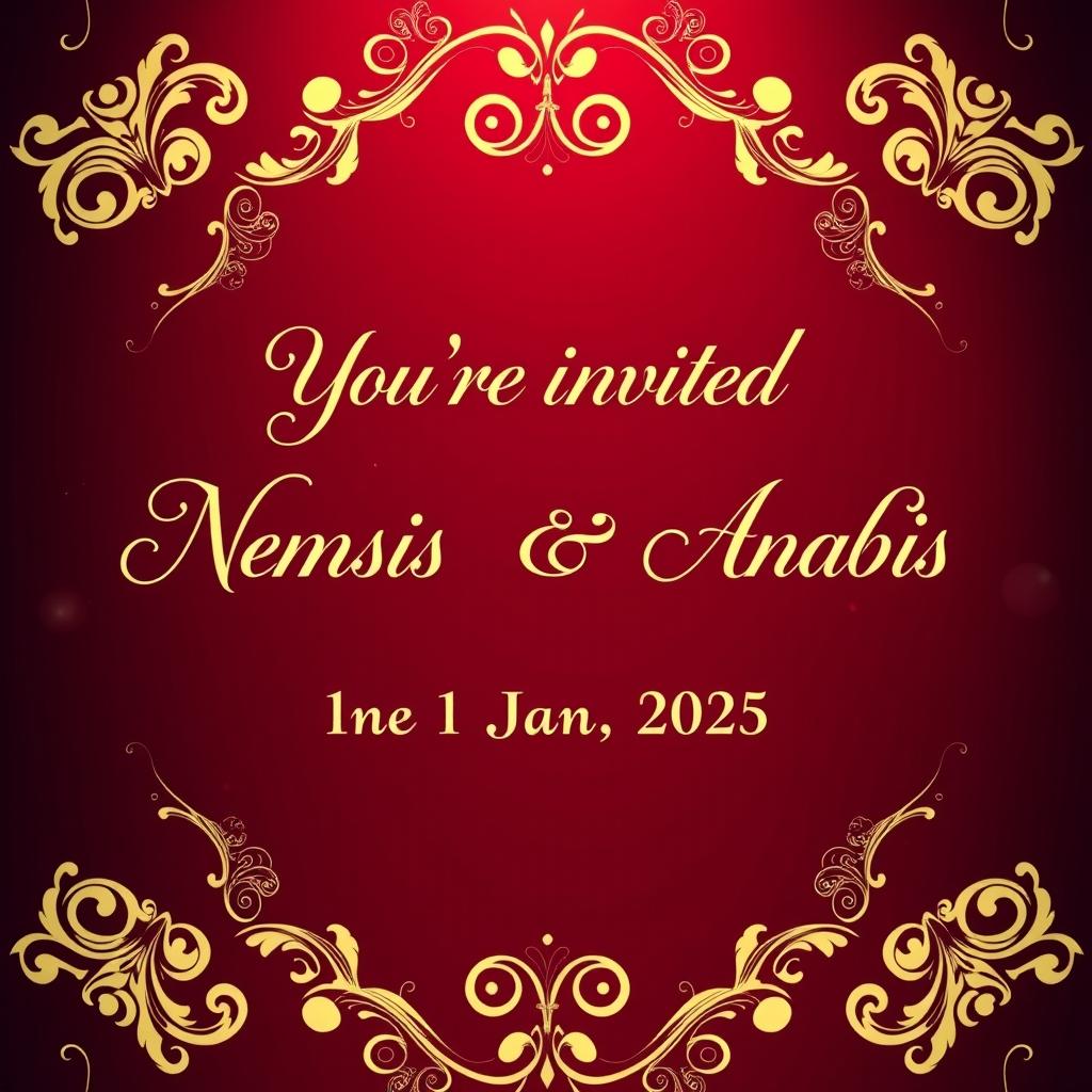 A stunning wedding invitation background featuring the elegant text: 'You're invited to the union between Nemesis Blackheart Anubis & Alexis Blackheart Anubis on the 1st Jan 2025