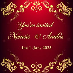 A stunning wedding invitation background featuring the elegant text: 'You're invited to the union between Nemesis Blackheart Anubis & Alexis Blackheart Anubis on the 1st Jan 2025