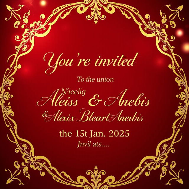 A stunning wedding invitation background featuring the elegant text: 'You're invited to the union between Nemesis Blackheart Anubis & Alexis Blackheart Anubis on the 1st Jan 2025