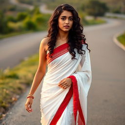 A beautiful young woman with long, curly hair, wearing a stunning white saree with a striking red border