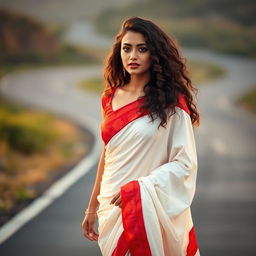 A beautiful young woman with long, curly hair, wearing a stunning white saree with a striking red border
