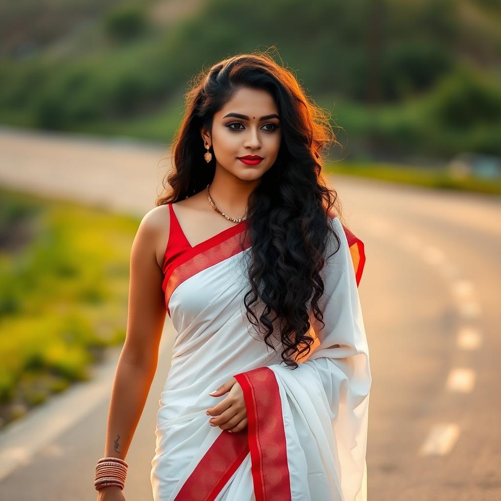 A beautiful young woman with long, curly hair, wearing a stunning white saree with a striking red border