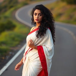 A beautiful young woman with long, curly hair, wearing a stunning white saree with a striking red border