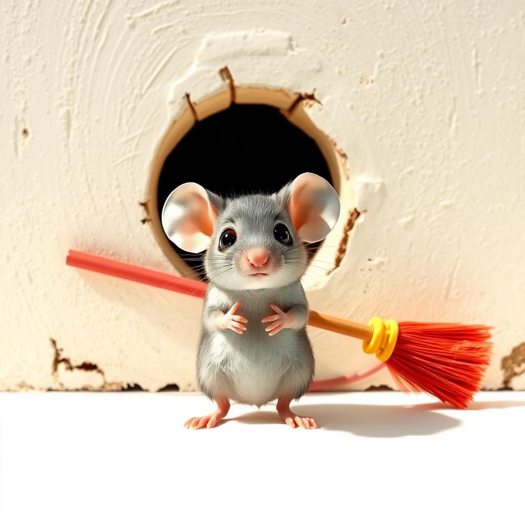 A cute little mouse standing bravely in front of a small hole in a wall, with a colorful broom comically tied to its tail