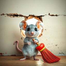 A cute little mouse standing bravely in front of a small hole in a wall, with a colorful broom comically tied to its tail