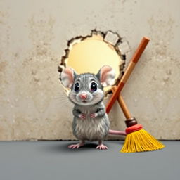 A cute little mouse standing bravely in front of a small hole in a wall, with a colorful broom comically tied to its tail