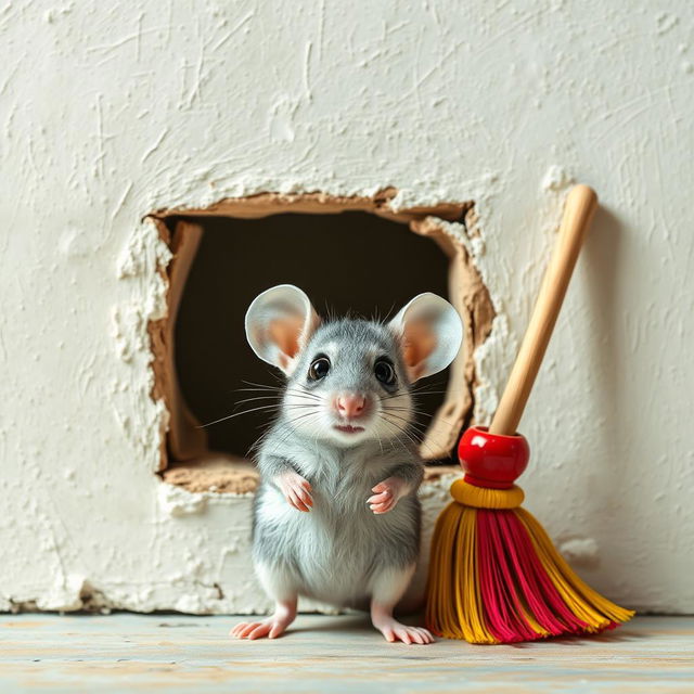 A cute little mouse standing bravely in front of a small hole in a wall, with a colorful broom comically tied to its tail