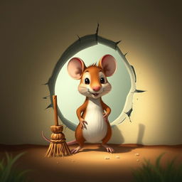 A whimsical scene featuring a small mouse standing proudly in front of a hole in a wall, with a tiny broom playfully tied to its tail