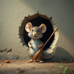 A whimsical scene featuring a small mouse standing proudly in front of a hole in a wall, with a tiny broom playfully tied to its tail