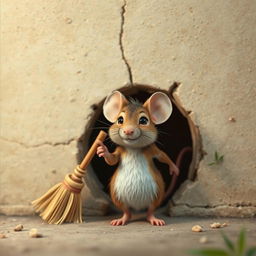 A whimsical scene featuring a small mouse standing proudly in front of a hole in a wall, with a tiny broom playfully tied to its tail