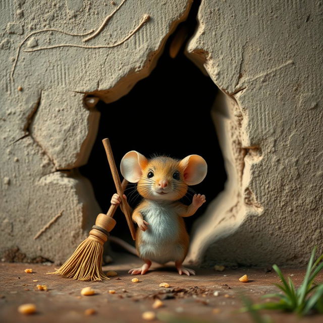 A whimsical scene featuring a small mouse standing proudly in front of a hole in a wall, with a tiny broom playfully tied to its tail