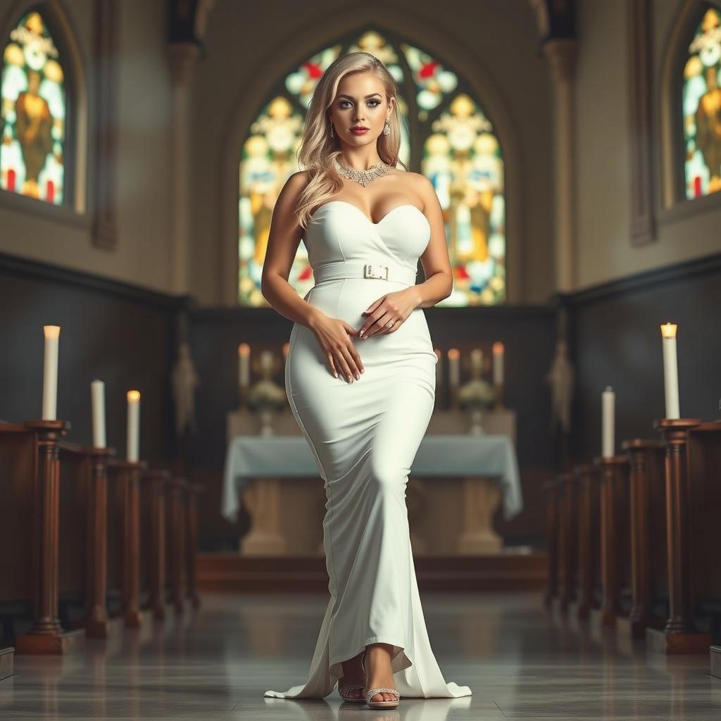 A full-length photograph of an elegant woman standing confidently inside a beautiful church, adorned with stunning stained glass windows