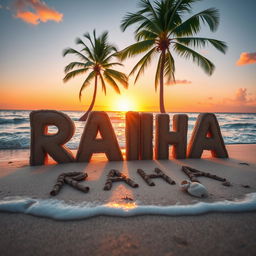 The name 'RAHA' beautifully written in bold, stylized sand letters on a serene beach, with gentle waves lapping at the shore