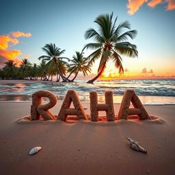 The name 'RAHA' beautifully written in bold, stylized sand letters on a serene beach, with gentle waves lapping at the shore