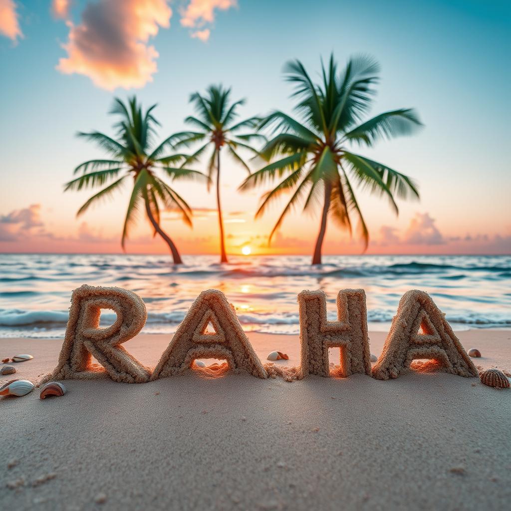 The name 'RAHA' beautifully written in bold, stylized sand letters on a serene beach, with gentle waves lapping at the shore