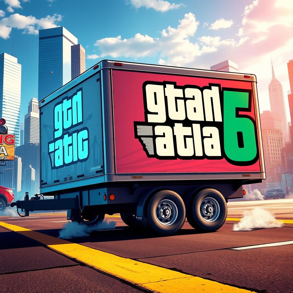 A detailed and vibrant image of a trailer car seen from the side, prominently featuring the bold lettering "GTA 6" painted in large, eye-catching font