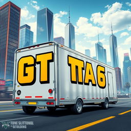 A detailed and vibrant image of a trailer car seen from the side, prominently featuring the bold lettering "GTA 6" painted in large, eye-catching font