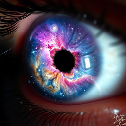 A mesmerizing close-up of a human eye, with the iris beautifully transformed into a cosmic scene filled with vibrant galaxies, twinkling stars, and a nebula swirling with colors like purple, blue, and pink