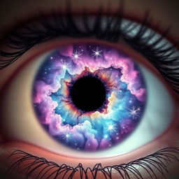 A mesmerizing close-up of a human eye, with the iris beautifully transformed into a cosmic scene filled with vibrant galaxies, twinkling stars, and a nebula swirling with colors like purple, blue, and pink