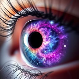 A mesmerizing close-up of a human eye, with the iris beautifully transformed into a cosmic scene filled with vibrant galaxies, twinkling stars, and a nebula swirling with colors like purple, blue, and pink