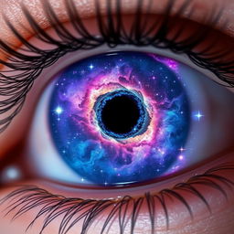 A mesmerizing close-up of a human eye, with the iris beautifully transformed into a cosmic scene filled with vibrant galaxies, twinkling stars, and a nebula swirling with colors like purple, blue, and pink