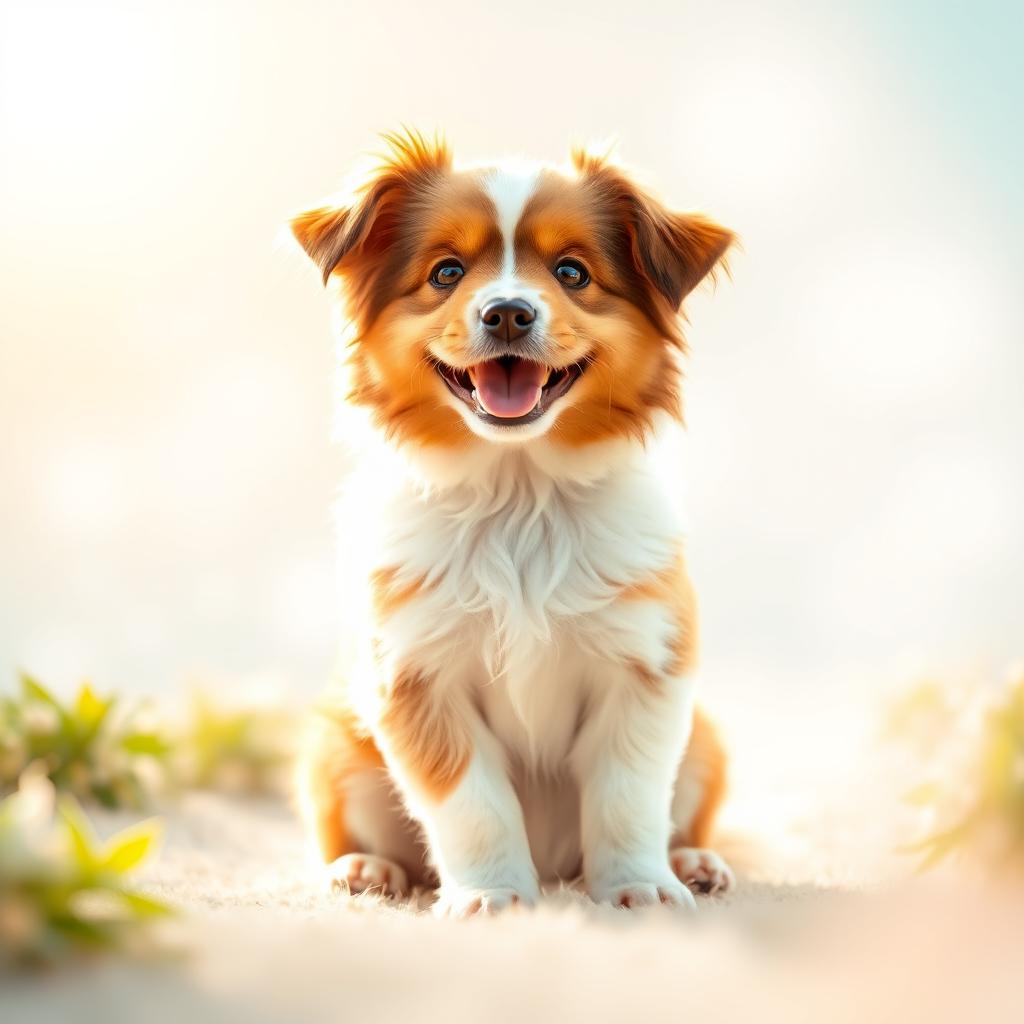 A charming dog sitting in the center of a bright and airy background, capturing the essence of joy and playfulness