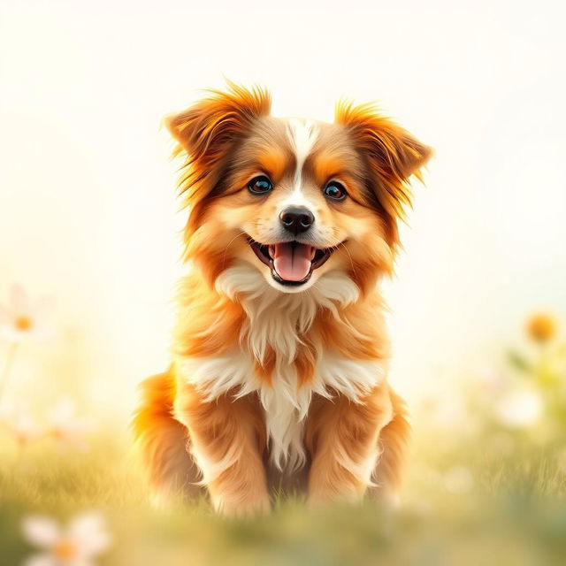 A charming dog sitting in the center of a bright and airy background, capturing the essence of joy and playfulness